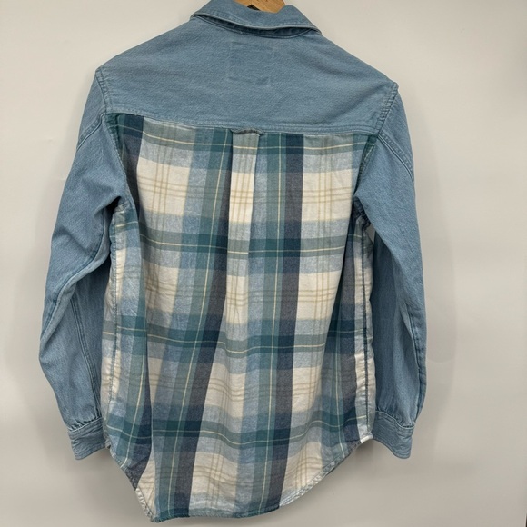 AE Mixed Denim Plaid Flannel Boyfriend Button Down Collar Shirt Women’s XS - Picture 5 of 11